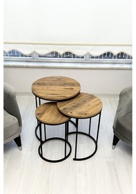 Resim Mln Home Üçlü Zigon Sehpa Takımı, Zigon Sehpa Seti, Ceviz Rengi Üçlü Sehpa Ceviz 