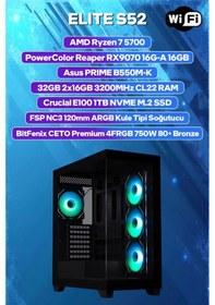 Resim Game Garaj ELITE S52 R7-5700 32 GB 1 TB SSD RX9070 Free Dos Oem Paket Masaüstü Oyuncu Bilgisayarı 