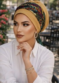 Resim Aişe tesettür Camel Yaprak Desenli Bantlı Hazır Bone 
