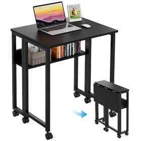 Resim Sidney Kitaplık Raflı Katlanır Masa 70cm Tekerli Bilgisayar Masası Laptop Masası Siyah Siyah 