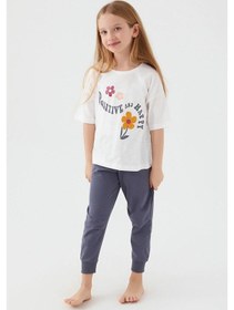 Resim Kız Çocuk Kısa Kollu Çiçekli Pijama Takım-12636 Beyaz 