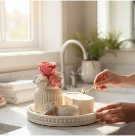 Resim Dekoratif Tepsi Seti Mumlu Ve Çiçek Detaylı Şık Ev Dekoru Beyaz 