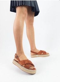 Resim Taba Renk Çapraz Bantlı Hasır Triko Kadın Siyah Sandalet Taba 