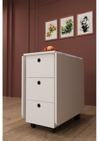 Resim Asra Trend KM-100 %100 MDF 168x70 cm Katlanır Akıllı Mutfak Masası 3 Çekmeceli Tekerlekli Servis Masası Beyaz 