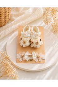 Resim Bilge Trend Kız Bebek Çiçek Detaylı Patik ve Fiyonklu Bandana Seti 