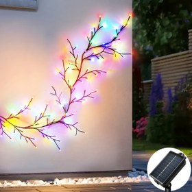 Resim Dış Mekan Güneş Işıkları - Esnek 1.8m/5.9ft Yapay Söğüt Sarmalı Dalı ile Sıcak Beyaz LED Aydınlatma, 8 Mod, Güneş Enerjili ve Lityum Pil ile Çalışan, Dekoratif Kendin Yap Duvar Aydınlatması için İç ve Dış Mekan, Noel, Avlu Giriş Dekoru, 1 adet 
