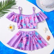 Resim Kızlar için Yazlık Moda Tek Omuzlu Dantel Detaylı Tankini Mayo Seti ve Etek, Plaj Tatili İçin Uygun 