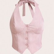 Resim Kadınların Ön Düğmeli Pastel Pembe Çizgili Halter Üstü - Vintage Tarzı, Asimetrik Etek, Dantelli Detay, Günlük Dışarı Çıkma, Rahat Giyim Üstü|Asimetrik Etek Üstü|Poliester Kumaş 