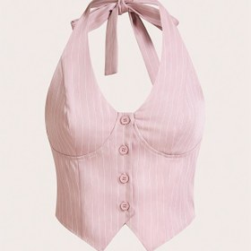 Resim Kadınların Ön Düğmeli Pastel Pembe Çizgili Halter Üstü - Vintage Tarzı, Asimetrik Etek, Dantelli Detay, Günlük Dışarı Çıkma, Rahat Giyim Üstü|Asimetrik Etek Üstü|Poliester Kumaş 