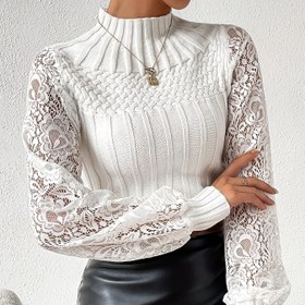 Resim Sonbahar ve Kış için Şık Uzun Kollu Kazak, Kadın Giyiminde Guipure Dantel Yaka Kazak 