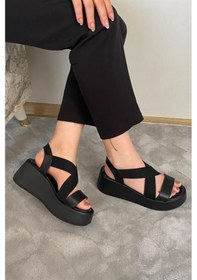 Resim Kadın Mokka Siyah Lastik Detaylı Dolgu Tabanlı Sandalet Siyah 