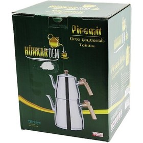 Resim Piramit Orta Boy Çelik Çaydanlık Seti - Takımı Renkli Bakalit Kulp Üst Demlik : 1.1lt - Alt Suluk: 2lt Kendinden Süzgeçli 4741 Ahşap - Şeffaf 