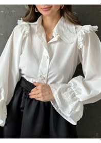 Resim Omuzu Fırfırlı Fistolu Kolu Lastikli Düğmeli Gömlek -beyaz Göründüğü Gibi 