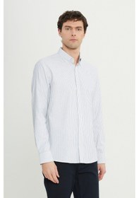 Resim AC&Co / Altınyıldız Classics Erkek Sıyah Pamuklu Comfort Fit Rahat Kesim Düğmeli Yaka Çizgili Gömlek Siyah 