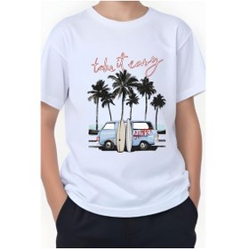 Resim Panios Kids Summer Van Baskılı Erkek Çocuk Yuvarlak Yaka Kısa Kollu T-shirt Beyaz 