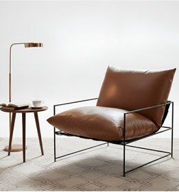 Resim Sller Modern Deri Berjer - Taba Tekli Koltuk - İskandinav Tasarım Metal Ayaklı Salon Koltuğu Taba 