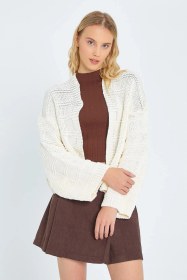 Resim Mixray 6904 Kadın Geniş Kol Detaylı Triko Hırka Naturel 