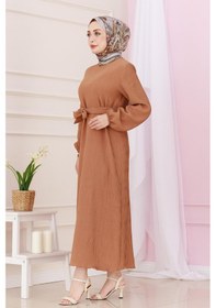Resim Sevitli Beli Kuşaklı Luna Tesettür Elbise-taba-4889 Taba 