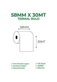 Resim 58x30 Termal Rulo Yazarkasa Pos Rulosu 5 Paket 50 Adet Tse Belgeli Bpa Free 