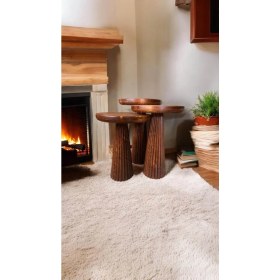 Resim Wood Wooden Ahşap 3lü Set Fitilli Mantar Yan Sehpa Modern Fındık Renk Fiskos 