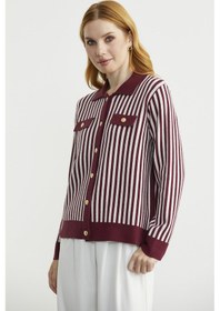 Resim Çizgi Detaylı Yakalı Triko Ceket - Bordo Bordo 
