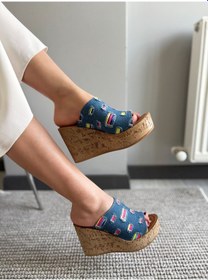 Resim Asmi Shoes Kadın Limo Mavi Kot Dolgulu Mantar Taban Terlik 10 Cm Mavi 