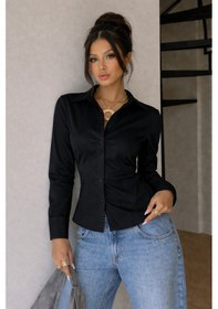 Resim Kadın Premium Gömlek Slim Fit Uzun Kollu Şık Ofis Günlük Kombin Basic Klasik Gömlek Siyah 