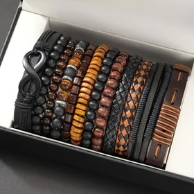 Resim 12 Adet Vintage Örgülü Suni Deri Bileklik Seti, Kaplan Gözü & Aytaşı Boncuklarla - Günlük Kullanım & Partiler İçin Şık Aksesuarlar, PU Deri Malzeme (Kutu Dahil Değildir) 