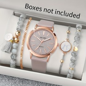 Resim 5 adet/set Kadınların Casual Mat Dial Quartz Kol Saati ve Bileklik Seti, Yuvarlak Alaşım Kasa, Sahte Deri Bant, Şarj Edilemeyen Düğme Pili - Saat Kutusu Dahil Değil 