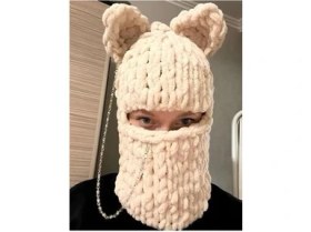 Resim Yetişkin Boy Açık Kahverengi Puffy Kar Maskesi , Trend Bere Balaklava Maske 