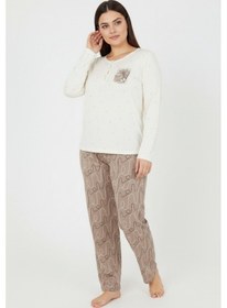 Resim Bravie Üstü Puanlı Altı Çizgi Desenli Elite Viscose Uzun Büyük Beden Pijama Takımı Ekru 3585 Ekru 