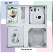 Resim Fujifilm Instax Mini 12 Beyaz Fotoğraf Makinesi 10'lu Film Simli Pleksi Kılıf Pvc Albüm ve Kıskaçlı Resim Standı Bundle Box 