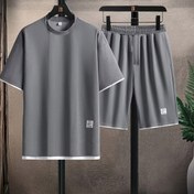Resim Erkekler için Rahat Waffle Örgü Pijama Takımı - Gri ve Siyah Kısa Kollu Uyku Giysisi, Elastik Bel Şortları, Aplikasyon Detayları, Rahat Loungewear için Yumuşak Polyester Kumaş 