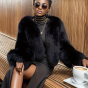 Resim Kadınlar İçin Şık Yapay Kürk Uzun Kollu Ceket - Yumuşak Beyaz Kürk Detay, Düz Renk Standart Kesim İlkbahar/Yaz Hafif Dış Giyim, Günlük ve Resmi Kıyafetler İçin Şık Kürk Mont, Resmi Kıyafet Aksesuarı, Sofistike Tarz, Doğal Kumaş 