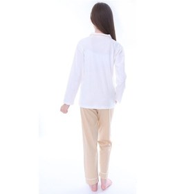 Resim Zuzunga Ekru-bej Çiçek Baskılı Biyeli Düğmeli %100 Pamuk Kız Çocuk Pijama Takımı Ekru - Bej 
