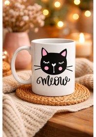 Resim Sevimli Kedi Desenli Porselen Kupa Model 63 Meow Yazılı Kahve &amp Çay Keyfi İçin Tatlı Tasarım Beyaz 