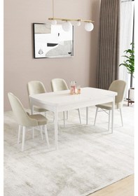 Resim Sar Pakete Almira Serisi, Beyaz 80x132 Açılabilir Mdf Mutfak Masası Takımı 4 Adet Sandalye Krem 