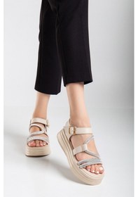 Resim Taşlı Platform Dolgu Taban Sandalet Bej 