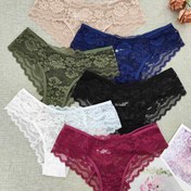 Resim 6'lı Paket Kadınlar için Kontrast Dantel Çiçekli Bikini Külotları - Düşük Bel Yarı Şeffaf İç Çamaşırı ile Zarif Dantel Süslemeli, 6 Renk (Bej/Yeşil/Mavi/Siyah/Beyaz/Pembe) - Sadece Elde Yıkama 