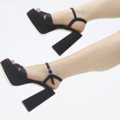 Resim sanbara SİYAH SATENÇAPRAZ BANT ARKASI AÇIK ÇİFT PLATFORM ABİYE AYAKKABI 12CM 