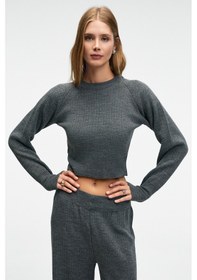 Resim Grimelange Marıposa Kadın Yuvarlak Yaka Çizgi Desenli Crop Geniş Paça Triko Antrasit Alt-üst Takım Antrasit 