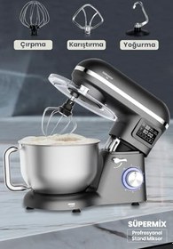 Resim GoldMaster Süpermix Stand Mikser, Paslanmaz Çelik, Gri, 5.5 L Kapasite, 6 Hız Kademeli, 1500W, 220-240V, Hamur Kancalı, Dokunmatik Kontrol 