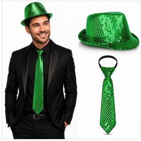 Resim Yeşil Payetli Şapka Ve Krat Seti Işıltılı Parti Kombini - Noth-860398 