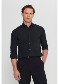 Resim Erkek Sıyah Pamuklu Slim Fit Dar Kesim Klasik Yaka Armürlü Gömlek Siyah 