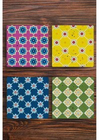 Resim Doğal Taş Bardak Altlığı 4'lü Set - Renkli Desenler Baskılı - Çok Renkli 