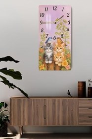 Resim Sevimli Kedi Ve Kuş Temalı Temperli Cam Tablo Saat - 30X60 Cm | Hd Uv Baskı- Cusd153,Cusd153 30 X 60 