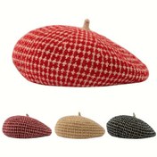 Resim Kadınlar için Klasik Houndstooth Beret Şapka - Kırmızı/Siyah/Haki Tweed, Ayarlanabilir İpli Kapama, Hafif ve Sıcak Kışlık Bere Noel, Yılbaşı, Ofis & Aile Toplantıları, Mevsimlik Giyim, Şık Başlık, Doku, Moda Aksesuarı, Tatil Alıcıları 