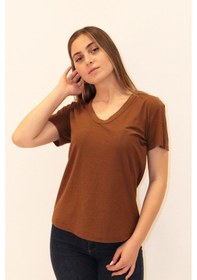 Resim Rich Kadın Organik V Yaka T-shirt %100 Pamuk Tişört Kahverengi 
