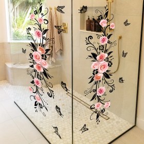Resim Bir adet Çiçekli Kelebek Duvar Stickerı - Plastik Pembe Gül ve Siyah Kelebek Stickerları Oturma Odası, Banyo ve Yatak Odası için - İki Taraflı Görünen Cam Kapı Süsü - Güç Gerektirmez, Bağımsızlık Günü, Mezuniyet, Juneteenth ve Yaz Kutlamaları için İdeal 