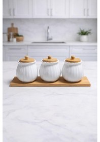 Resim Bambu Standlı 7 Li Seramik Baharatlık Seti Ahşap Ve Vakum Kapaklı Mutfak Düzenleyici Kavanoz Seti Beyaz 